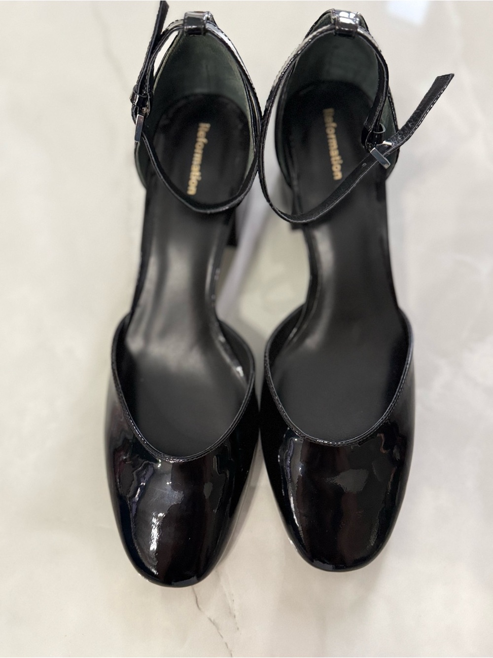Reformation Black Patent Ankle-Strap Heels